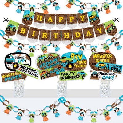 Big Dot of Happiness Smash and Crash - Monster Truck - Banner and Photo Booth Decorations - Boy Birthday Party Supplies Kit - Doterrific Bundle