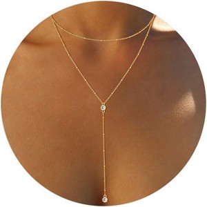 Gold Bow Pendant Necklace for Women, 14K Gold Plated CZ Bead Choker Christmas Gift - 1 of 4