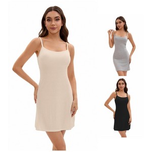 INSPIRE CHIC Women's 3 Packs Adjustable Spaghetti Strap Underdress Full Slips with Built-in Bra Shapewear - 1 of 4