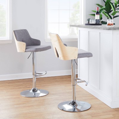 Stella Adjustable Swivel Barstools in Gray Fabric and Chrome, Set of 2
