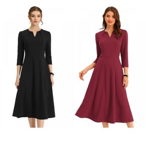 Allegra K Women's Elegant Split Neck Side Zipper Pockets 3/4 Sleeve Work A-Line Dress 2 Packs - 1 of 4