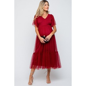 Pinkblush Burgundy Dotted Tulle Smocked Maternity Midi Dress - 1 of 4