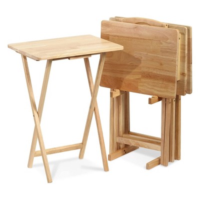 PJ Wood Lightweight Rectangular Solid Wooden Indoor Home Folding TV Snack Tray Portable Tables with Compact Storage Rack (5 Piece Set)