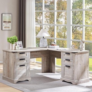 L Shaped Desk with Drawers, 60in Wide Farmhouse Executive Office Desk with Charging Station, Home Corner Desk with File Drawer - 1 of 4