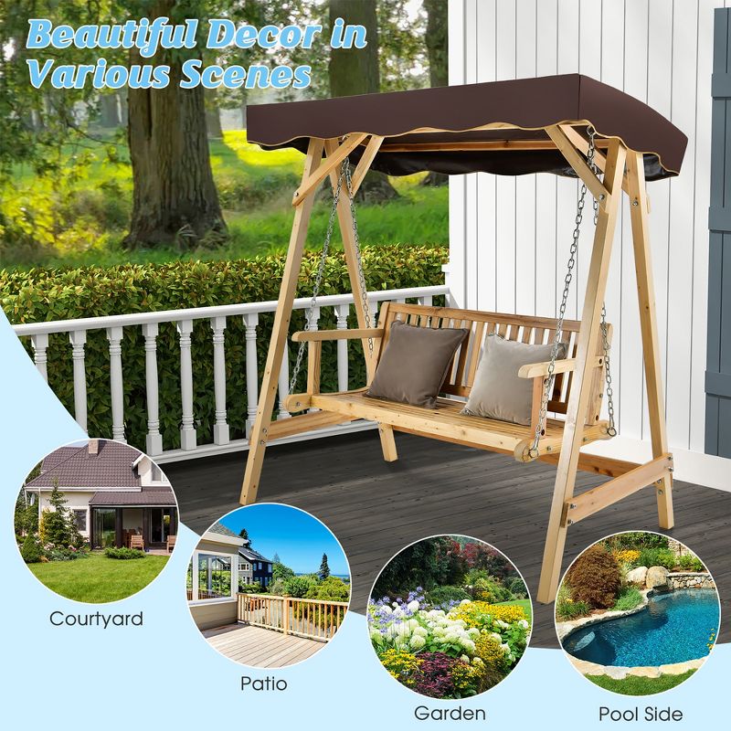 Costway 2 Person Wooden Garden Canopy Swing A-frame with Weather-resistant Canopy, 5 of 11