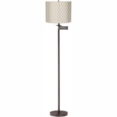 Regency Hill Modern Swing Arm Floor Lamp Bronze Embroidered Hourglass Off White Fabric Drum Shade for Living Room Reading Bedroom