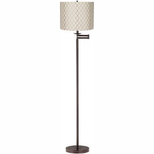 Regency Hill Swing Arm Floor Lamp 60.5" Tall Bronze Embroidered Hourglass Off White Fabric Drum Shade for Living Room Reading Bedroom - 1 of 3