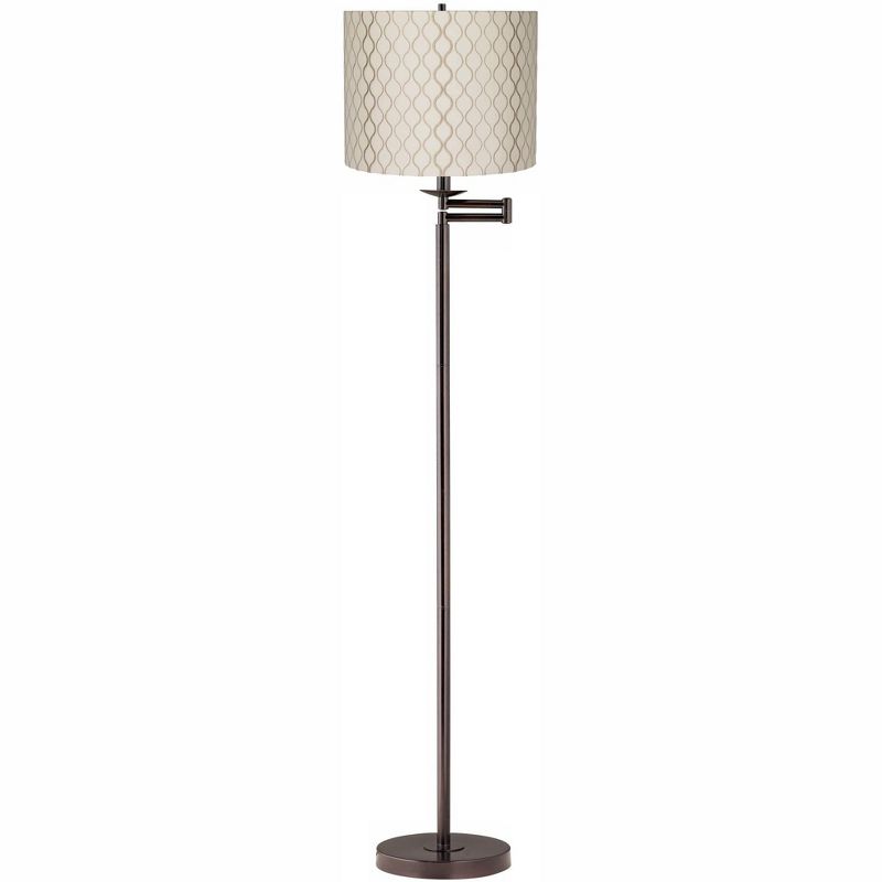 Regency Hill Swing Arm Floor Lamp 60.5" Tall Bronze Embroidered Hourglass Off White Fabric Drum Shade for Living Room Reading Bedroom, 1 of 4