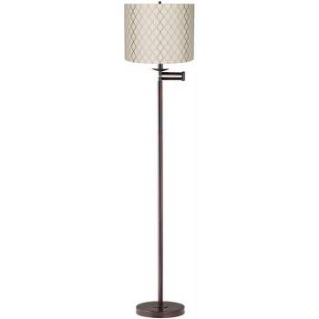 Regency Hill Swing Arm Floor Lamp 60.5" Tall Bronze Embroidered Hourglass Off White Fabric Drum Shade for Living Room Reading Bedroom