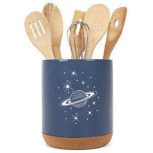 Elanze Designs 8 inch Galactic Stars and Planet Large Ceramic Kitchen Utensil Holder Navy Blue and White Crock with Cork Base - 1 of 4