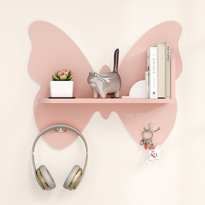 Butterfly Shaped 2 Tier Wall Shelves with Hooks, Small Floating Shelves, Cute Butterfly Wall Decor, Nursery Book Shelves for Bedroom, Living Room