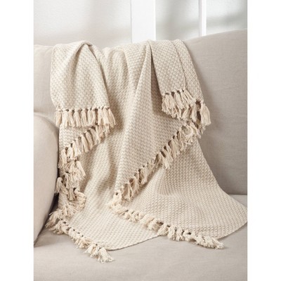 Beige Cotton Geometric Tassel Trim Throw Blanket