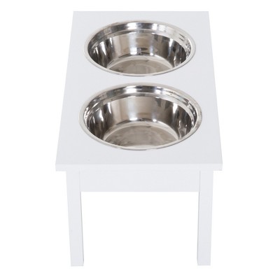 White Elevated Wooden Pet Feeding Station with Stainless Steel Bowls