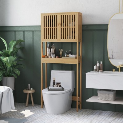 Natural Bamboo Over-the-Toilet Storage Cabinet with Adjustable Shelves