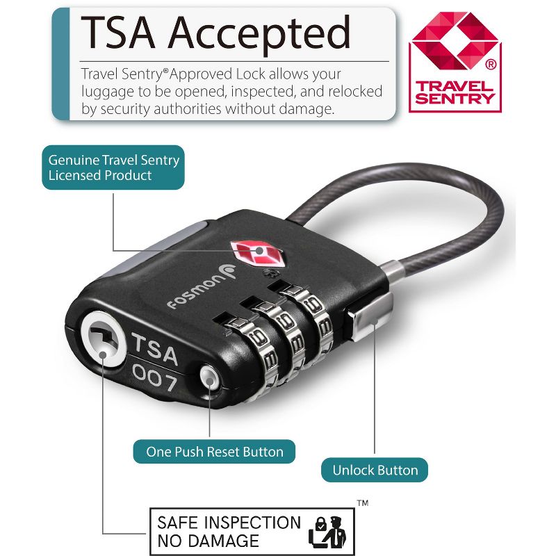 Fosmon TSA Accepted Cable Luggage Lock with 3-Digit Combination - Black, 2 of 8