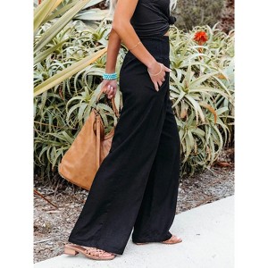 Women Summer High Waisted Cotton Linen Palazzo Pants Wide Leg  Trousers with Pocket Long Lounge Pant - 1 of 3