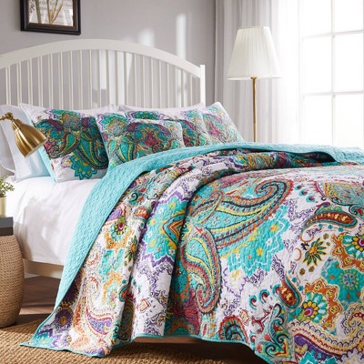 Boho Chic Twin Cotton Reversible Quilt Set in Vibrant Paisley