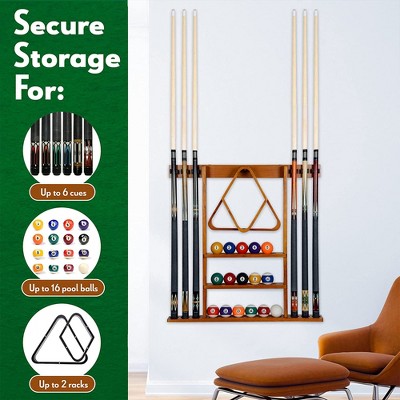 Black Wooden Wall-Mounted Pool Cue and Ball Holder Rack