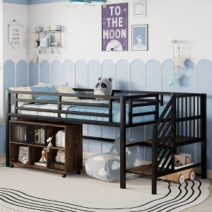 Whisen Twin Metal Loft Bed with Storage Cubby & Stairs for Kids, Safety Design - 1 of 4