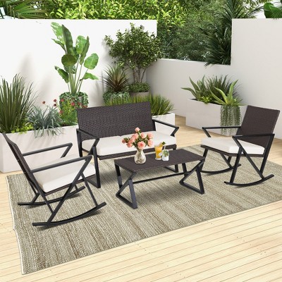 Costway 4PCS Patio Rattan Wicker Rocking Chairs Loveseat Table Rocker Set Cushions Porch