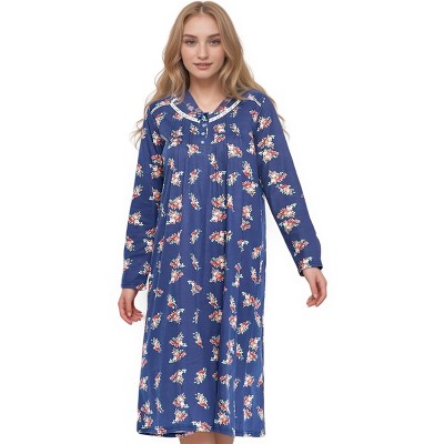 YafeMarte Women’s Long Sleeve Floral Design Nightgown with Lace Trim and Bow Accent