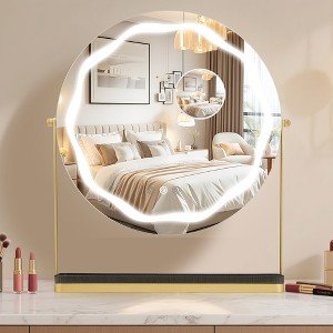 15.75" Round Vanity Mirror with LED Lights, Smart Touch Control , Three Colors Dimmable, 360°Rotatable, Suitable for Desktop, Bedroom, Gold - 1 of 4