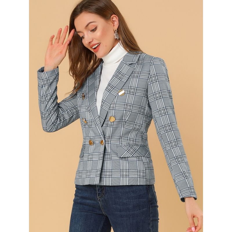 Allegra K Women's Notched Lapel Double Breasted Plaid Formal Blazer Jackets, 3 of 8