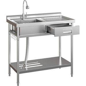 Commercial Stainless Steel Utility Sink, Freestanding Single Bowl Kitchen Sink with Cold & Hot Water Faucet, Built-In Wash Board, Drawer - 1 of 4