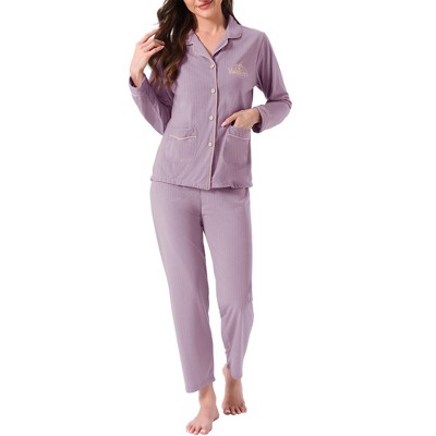 INSPIRE CHIC Women's Lounge Set Cotton Ribbed Button Up Long Sleeve Pants Pattern with Pocket Pajama Set Loungewear