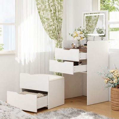 FUFU&GAGA Space-Savvy White Vanity Ensemble: Foldable to Cabinet Equipped with Adjustable Light