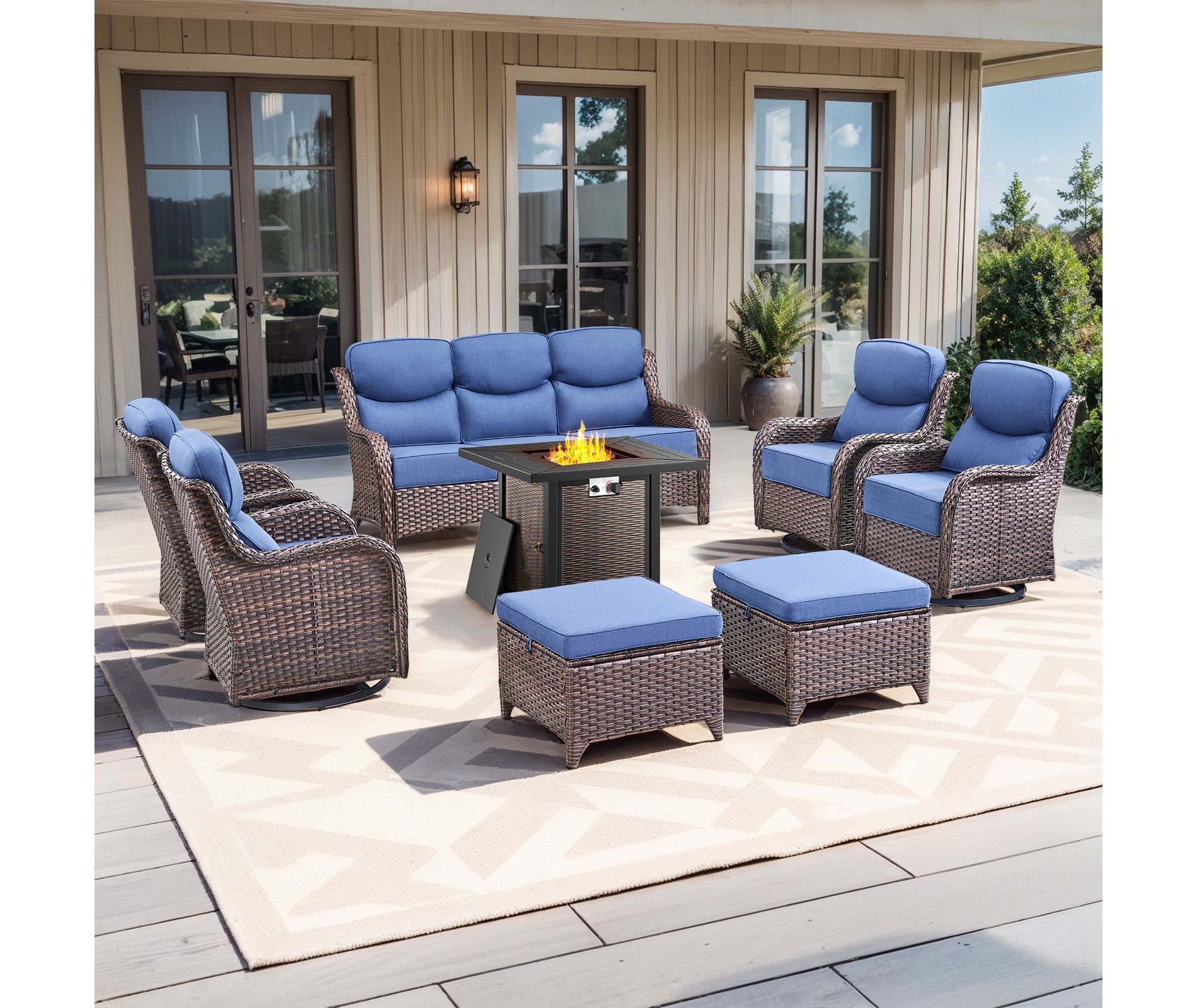 Gymojoy 8/9PCS Outdoor Fire Pit Table with Sofa Swivel Chair 6-inch Thick Cushion Furniture Set