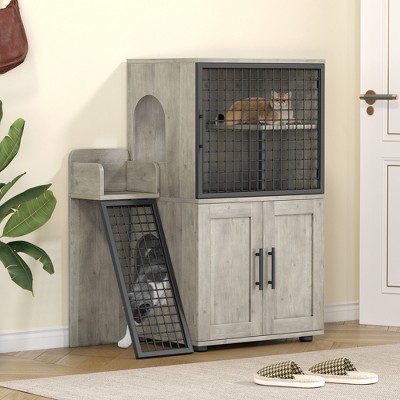 Whizmax Cat Litter Box Enclosure with Platform, Double Layer Cat Litter Hidden Furniture, Hidden Cat Litter Box Enclosure, Cat House