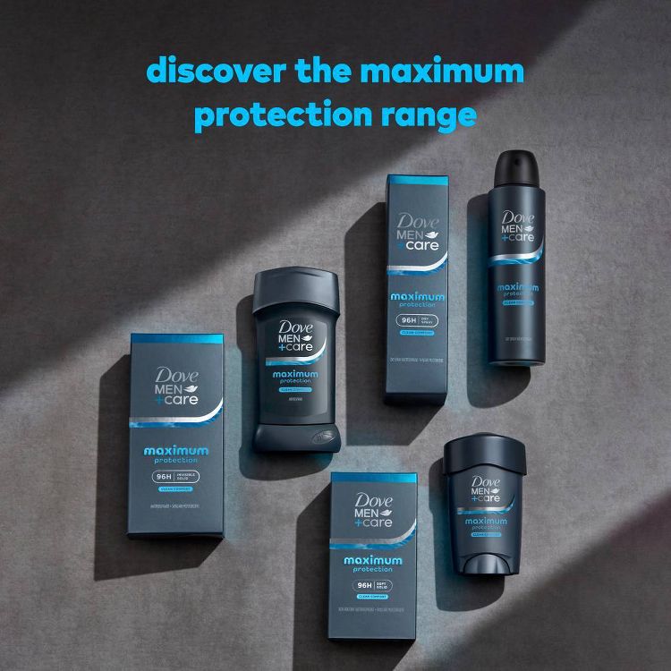 Five Dove Men+Care deodorant products in dark colored packaging with "maximum protection" and "96H" text, arranged on a gray surface.