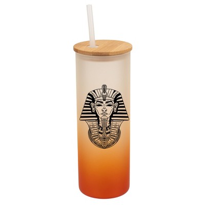 Elanze Designs Pharaoh Ancient Regal Icon Orange Frosted Gradient Glass Tumbler with Bamboo Lid & Straw 25 ounce Reusable Iced Coffee or Water Cup,