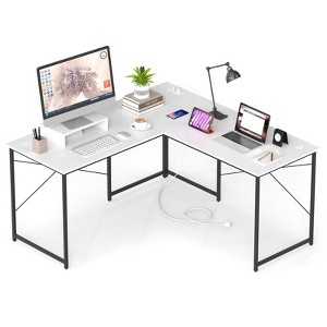 Tangkula L-Shaped Computer Desk with Power Outlets 95” Long 2-Person Desk with Monitor Shelf Modern Corner Desk Gaming Table with USB Ports White - 1 of 4