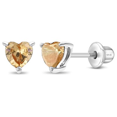 Girls' CZ Heart Solitaire Screw Back Sterling Silver Earrings - In Season Jewelry