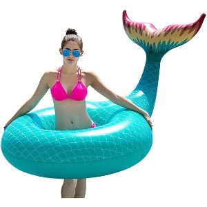 Jasonwell Giant Inflatable Mermaid Tail Pool Float – Summer Beach Party Raft for Kids & Adults, X-Large, Green with Fast Valves - 1 of 4