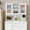 Storage cabinet with wine rack, drawers, door shelves, and modern glass display case; dining room sideboard with microwave shelf. - 2 of 4