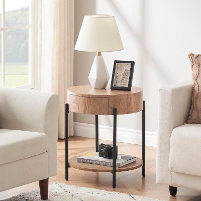 Round End Table Nightstand Wood Side Table with Drawer Accent Bedside Farmhouse Tables for Living Room