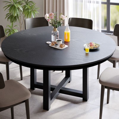 PexFix 59" x 59" Solid Wood Farmhouse Dining Table Round Wood Texture Top with Cross X Base for Modern Dining Rooms & Family Gatherings Black
