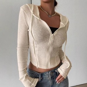 Women's Cardigan Ribbed Knit Zip-Up Crop Hoodie Long Sleeve Fitted Cropped Hooded Jacket - 1 of 4