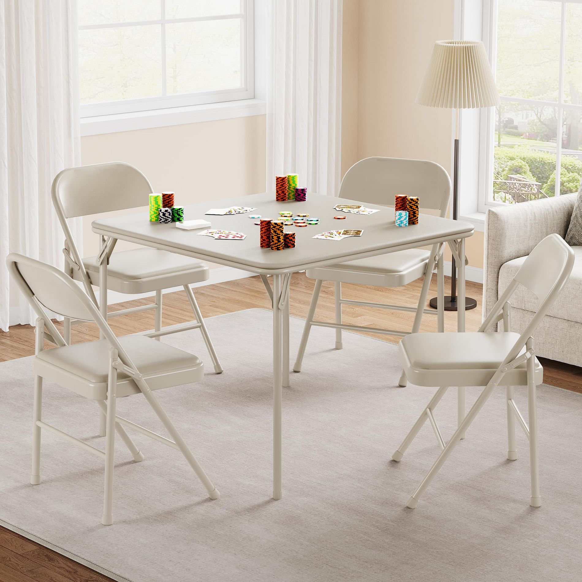 33.6" Folding Card Table with PU Padded Top – Portable Square Metal Foldable Table for Living Room, Office, Bedroom, Beige (No Chair)