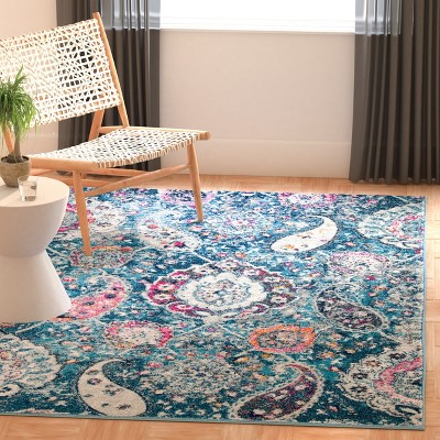 Blue Rectangular Hand-knotted Synthetic Area Rug