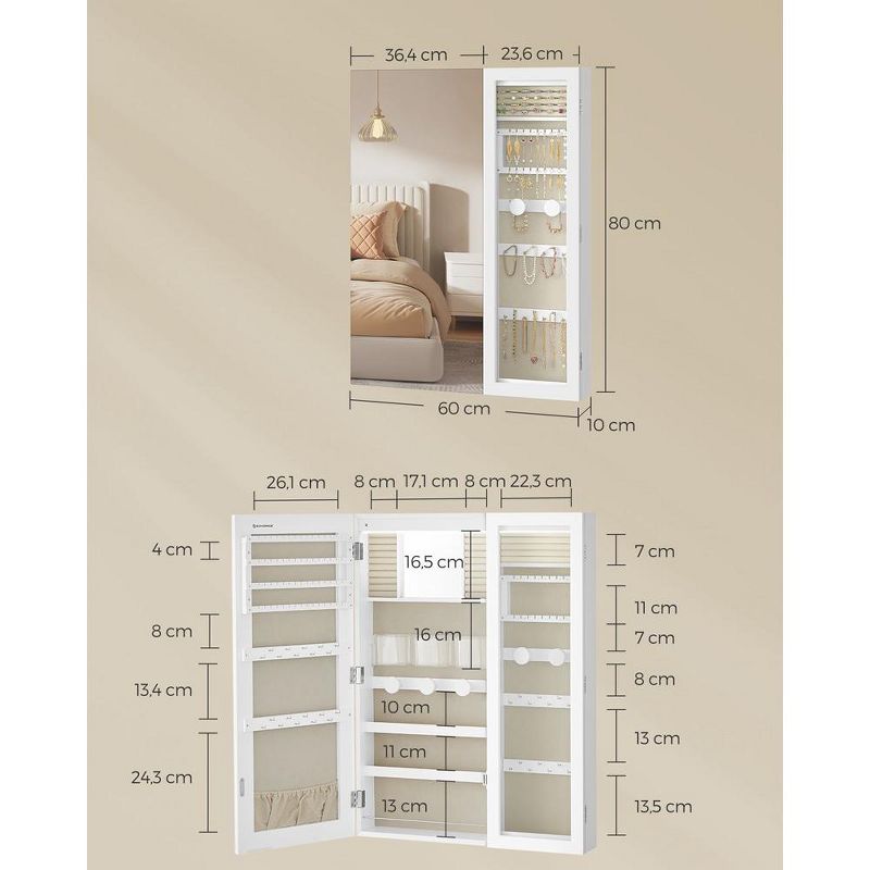 SONGMICS 3-in-1 LED Wall Jewelry Armoire Mirror Jewelry Organizer Storage Cabinet Glass Window White and Greige, 4 of 7
