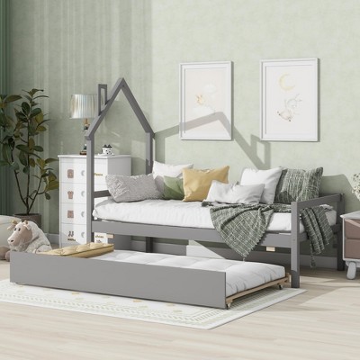 Twin Size Daybed with Trundle, Pine Wood House-Shaped Headboard Bed Frame with Safety Guardrails, No Spring Box Needed, Easy Assembly Grey