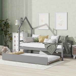 Twin Size Daybed with Trundle, Pine Wood House-Shaped Headboard Bed Frame with Safety Guardrails, No Spring Box Needed, Easy Assembly Grey - 1 of 4
