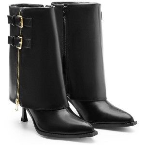 BLISSFUL STEP Women's Pointed Toe Mid Calf Fold Over Buckle Stiletto Heel Booties - 1 of 4