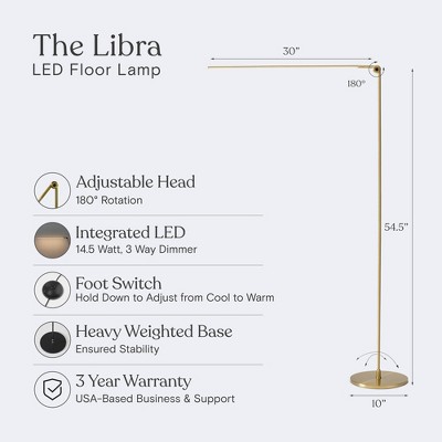 Libra Brass Adjustable LED Floor Lamp with 3-Way Switch