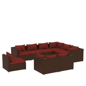 vidaXL 9-Piece Outdoor Lounge Set - Durable PE Rattan Construction with Water-Resistant Cushions, Flexible Modular Design - Brown Patio Set - 1 of 4