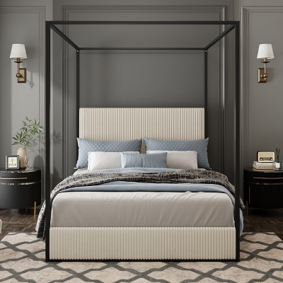 Queen/King Size Canopy Bed Metal 4-Poster Bed Frame with Tall Velvet Upholstered Headboard, Beige+Gold/Black+White-ModernLuxe